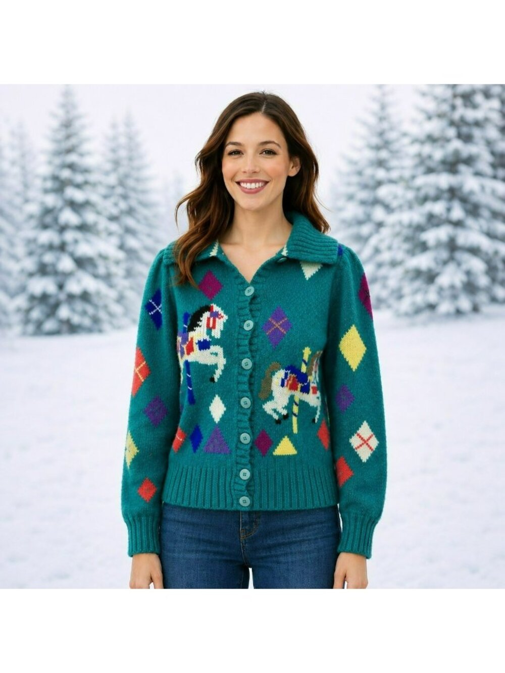 Berek Hand-Knit 100% Wool Cardigan Sweater Carousel Horse Pattern Button-UpWomen